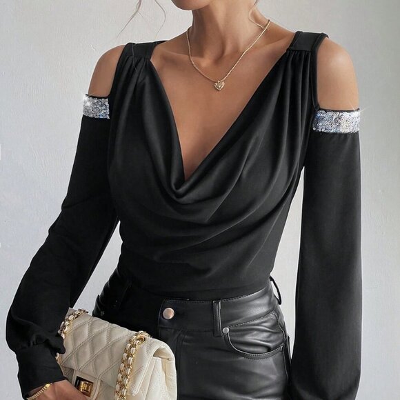 Black Elegant Women's Off-The-Shoulder Party T-Shirt - Picture 5 of 8